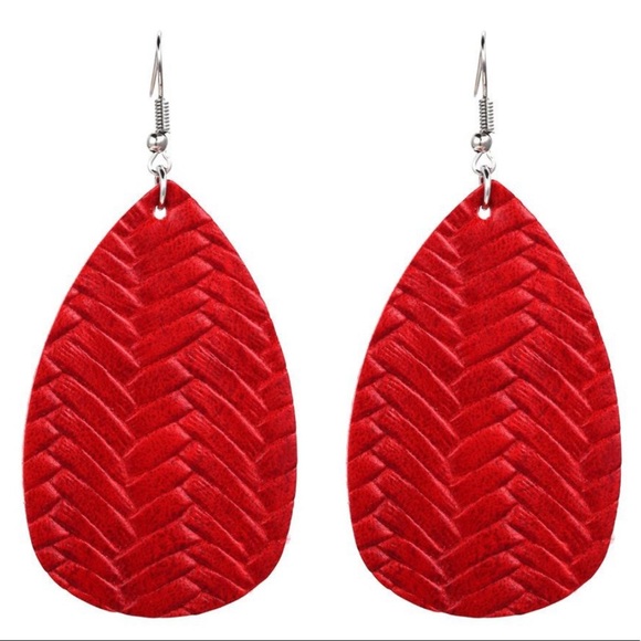 Red Braided Leather Leaf Tribal Drop Earrings - Picture 5 of 5